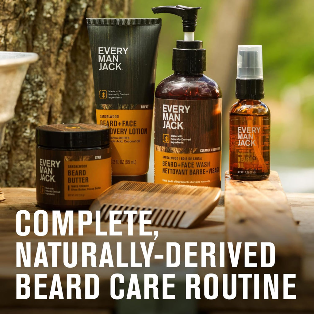 Every Man Jack Beard Essentials Gift Set for Men – Complete Routine with 5 Full-Size Essentials – Sandalwood Scent - Beard & Face Wash, Lotion, Oil, Butter & Comb