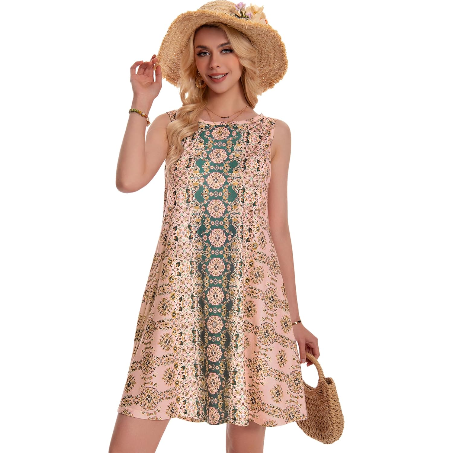 Summer Dresses For Women Beach Boho Sleeveless Vintage Floral Flowy Pocket Tshirt Tank Sundresses 2026