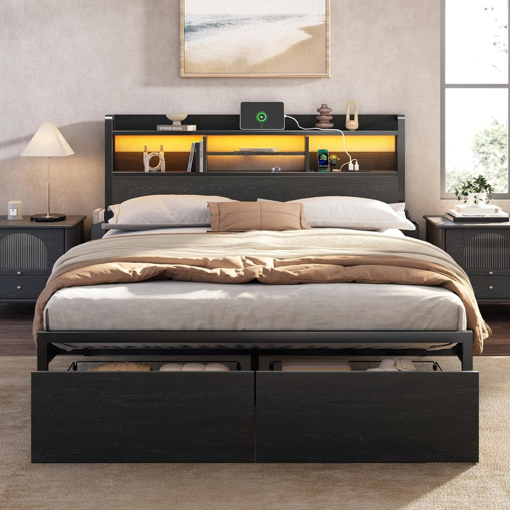Full Size Bed Frame With Headboard And Charging Station,2 Drawers
