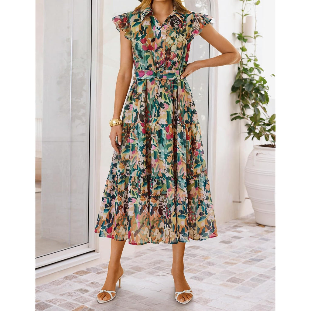 Zesica Women'S Summer Floral Midi Dress 2026 Casual Flutter Short Sleeve Chiffon Button Down Wedding Guest Party Dresses