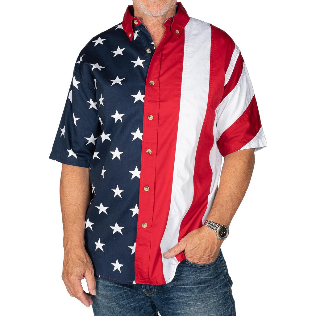 Flagshirt Men'S Half Stars Half Stripes American Flag Shirt - Button-Up, Red, White & Blue