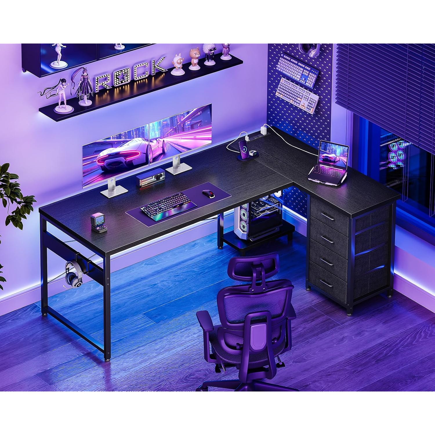 Aodk L Shaped Gaming Desk With 4 Drawers, 61" Reversible Home Office Desks With Power Outlets, L Shaped Computer Desk With Usb Charging Port And Host Stand, Corner Desk, Easy To Assemble, Black