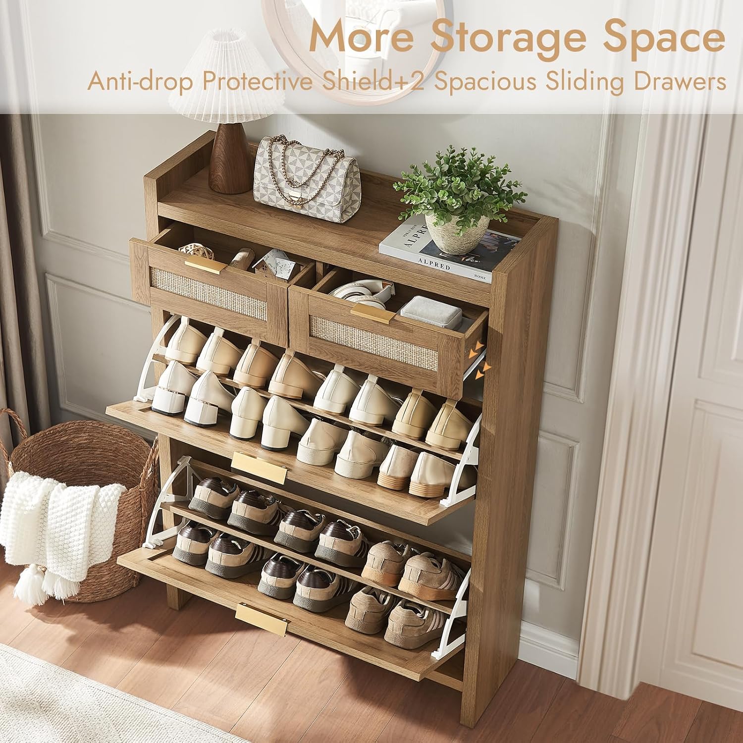 Rattan Shoe Storage Cabinet With 2 Drawers & 2 Flip Drawers – Hidden Slim Shoe Organizer For Entryway, Large Tabletop Space, Farmhouse Boho Narrow Shoe Rack, Rustic Oak
