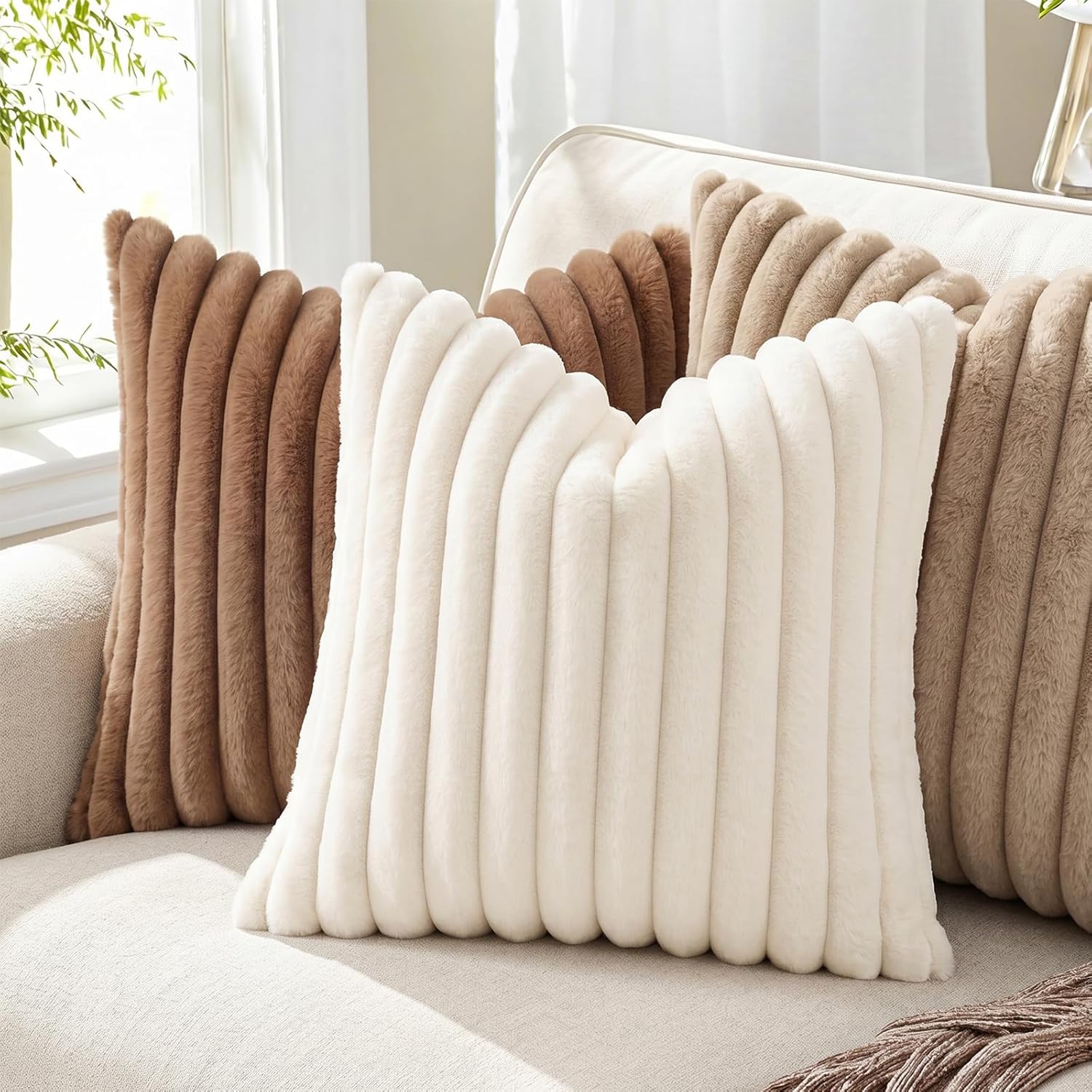 Pallene Faux Fur Plush Fall Throw Pillow Covers 18x18 Set of 2, Luxury Soft Fluffy Striped Decorative Pillow Covers for Sofa, Couch, Living Room, Cream White