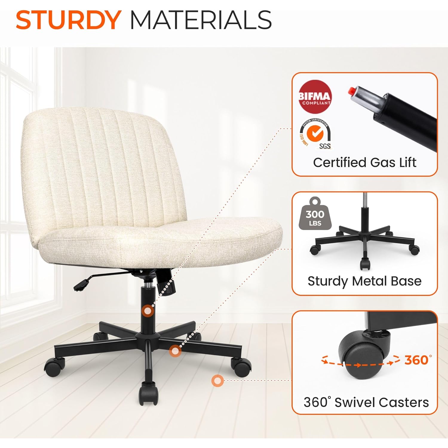 Orange Factory Criss Cross Chair Wheels Wide Cross Legged Office Desk Vanity Chair Comfy Fabric Armless Adjustable Swivel for Home Computer Task (Beige Wheel, Fabric)