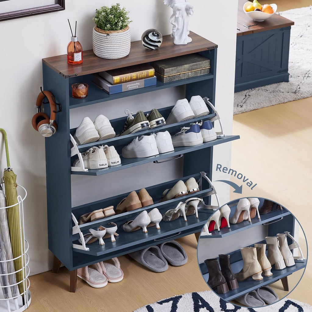 Joaxswe Shoe Cabinet Storage For Entryway With 2 Flip Drawers 2 Hook Open Storage Layer Rack Narrow Organizer Slim Hidden Wood Shoe Cabinet Furniture Dark Blue