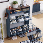 Joaxswe Shoe Cabinet Storage For Entryway With 2 Flip Drawers 2 Hook Open Storage Layer Rack Narrow Organizer Slim Hidden Wood Shoe Cabinet Furniture Dark Blue
