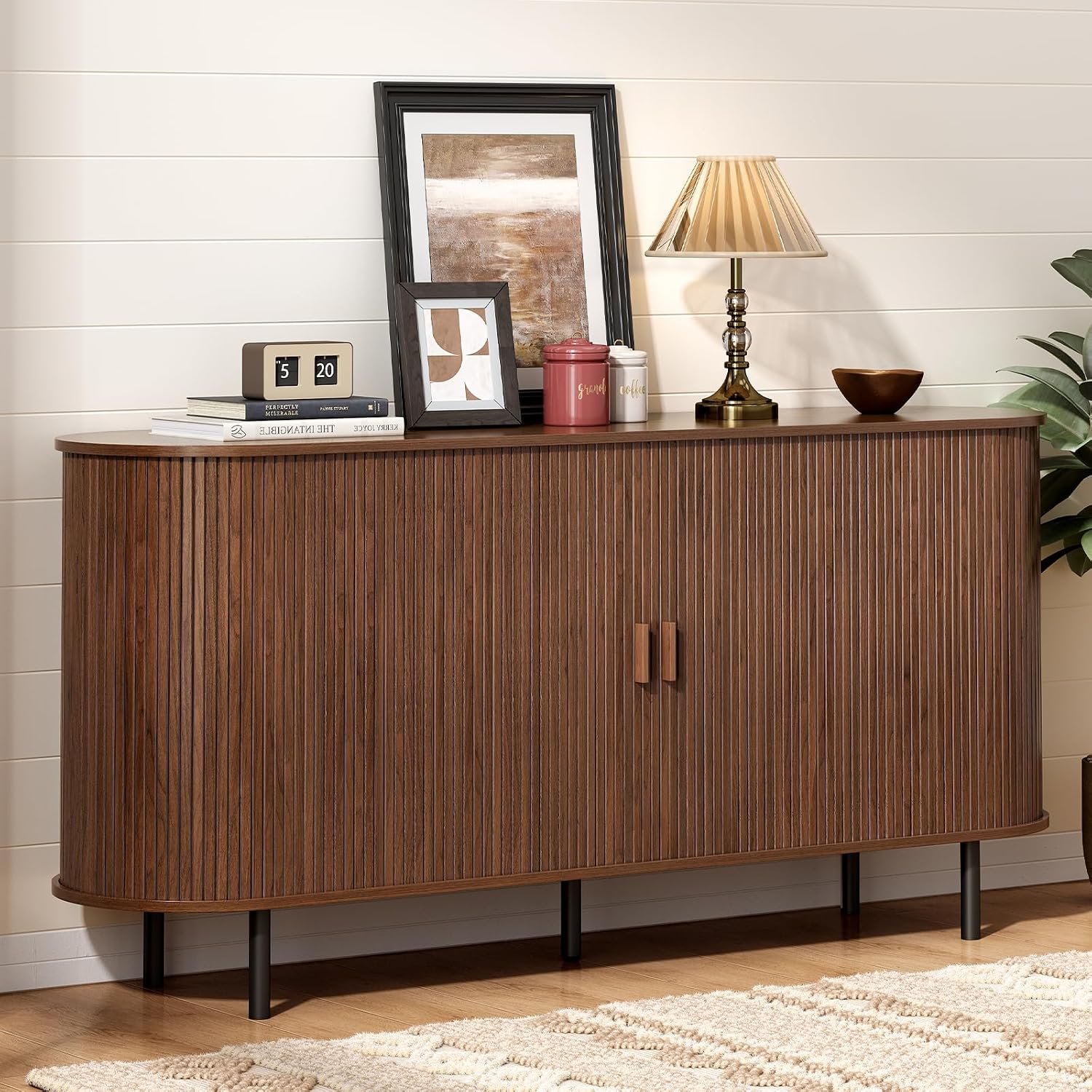 63" Sideboard Buffet Cabinet With Storage, Storage Cabinet With Sliding Door & Adjustable Shelf, Modern Accent Coffee Bar Console Table For Kitchen, Entryway, Walnut
