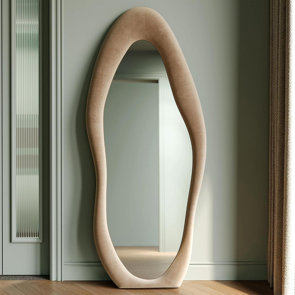 Full Length Mirror, 63" X 24" Wall Mirror, Flannel Wrapped Wooden Frame Floor Mirror, Irregular Wavy Mirror Hanging Or Leaning Against Wall For Cloakroom/Bedroom/Living Room, Milk Tea