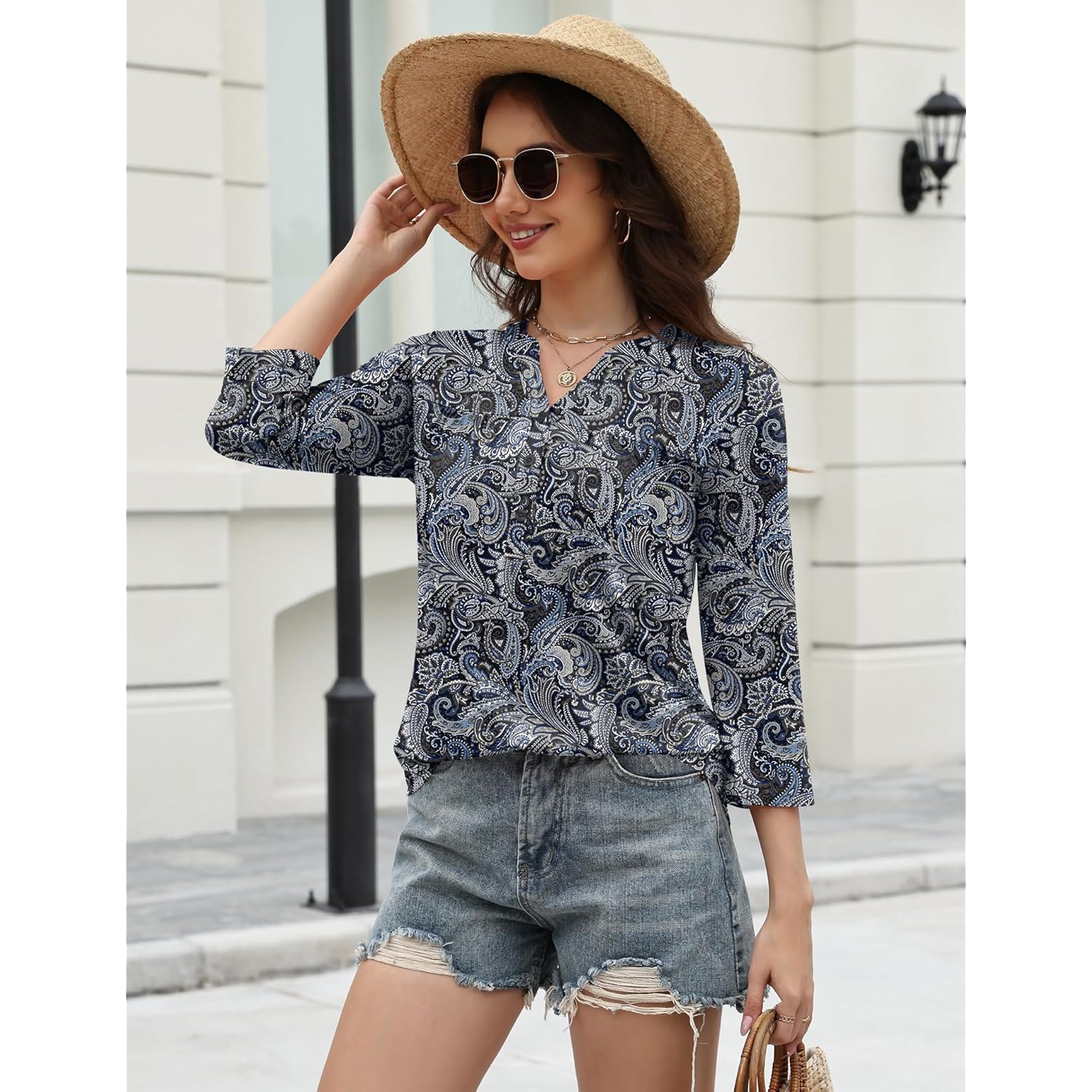 Womens Tops 3/4 Sleeve Botton Down Shirts Casual V Neck Tunic Blouses Pleated Fashion Summer Tees 2026 Trendy S-3XL