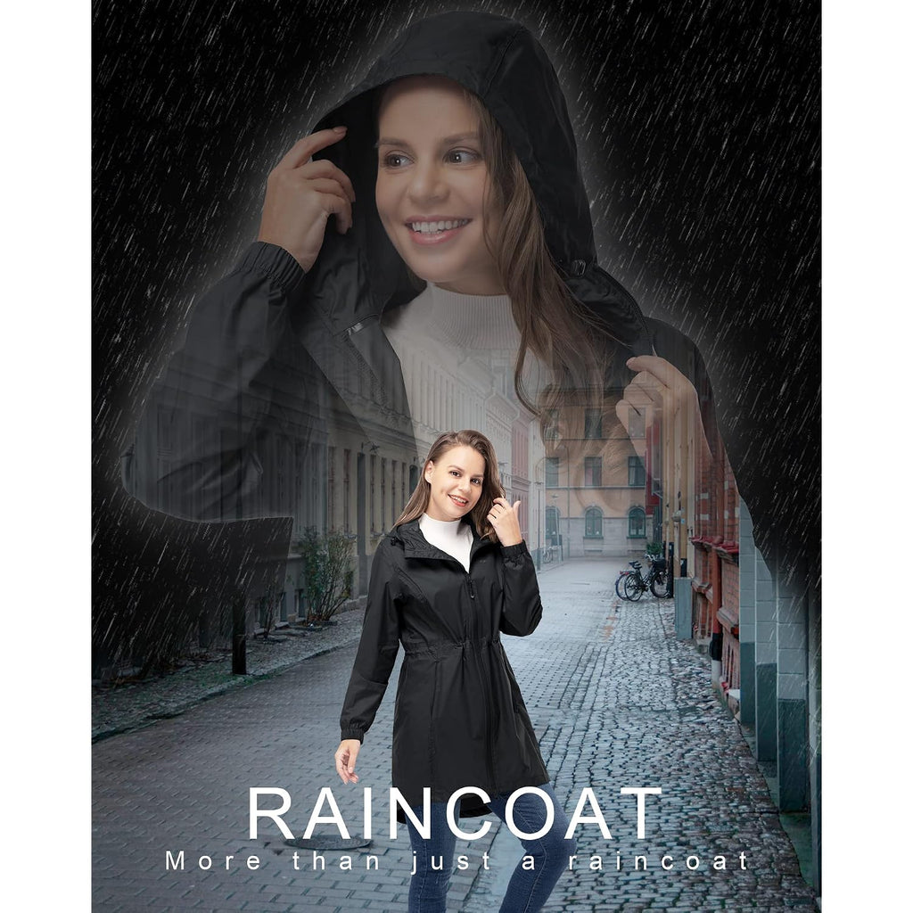 33,000Ft Women'S Waterproof Long Rain Coats Packable Rain Jacket With Hood Trench Coats Windbreaker