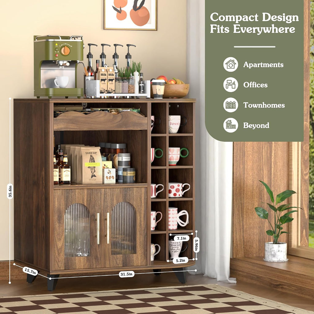 Coffee Bar Cabinet With 24-Cup Display, Large Drawer & Storage,Modern Buffet Sideboard For Kitchen, Medium Wooden Bar Station For Apartment，Walnut