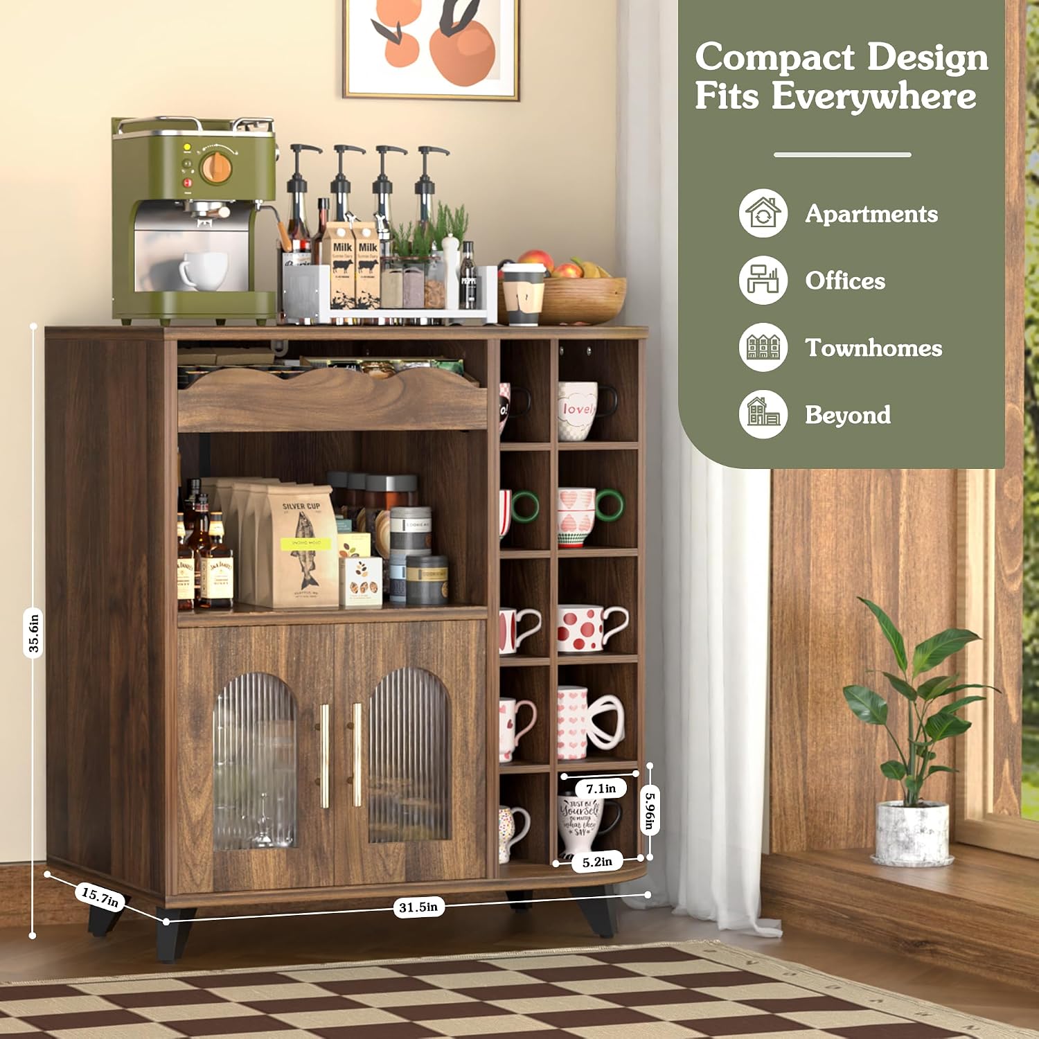Coffee Bar Cabinet With 24-Cup Display, Large Drawer & Storage,Modern Buffet Sideboard For Kitchen, Medium Wooden Bar Station For Apartment，Walnut