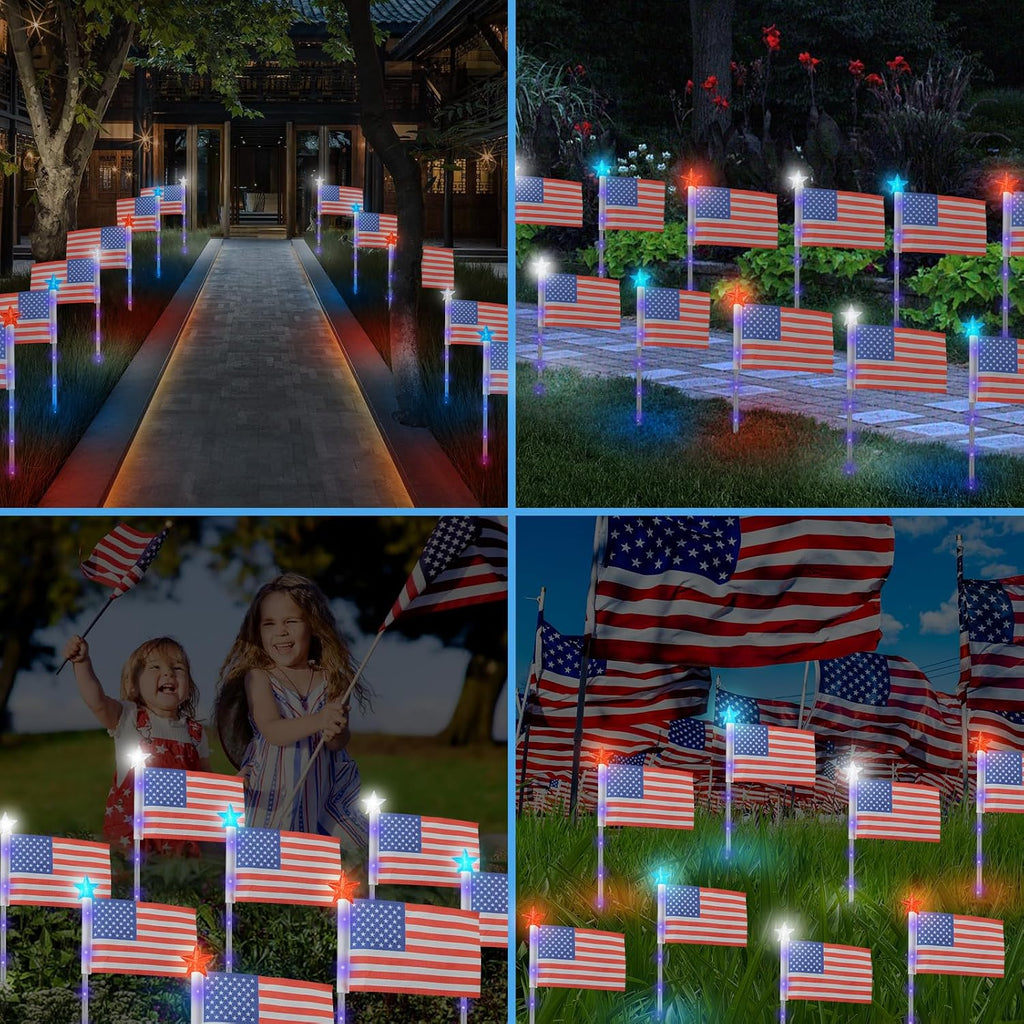 4Th Of July Decorations Outdoor American Flag Lights, 6-Pack Red White And Blue Solar Stars Lights With 6 Usa Flags & 30Led,Bright Patriotic Pathway Lights For Memorial Day Yard Lawn Decor