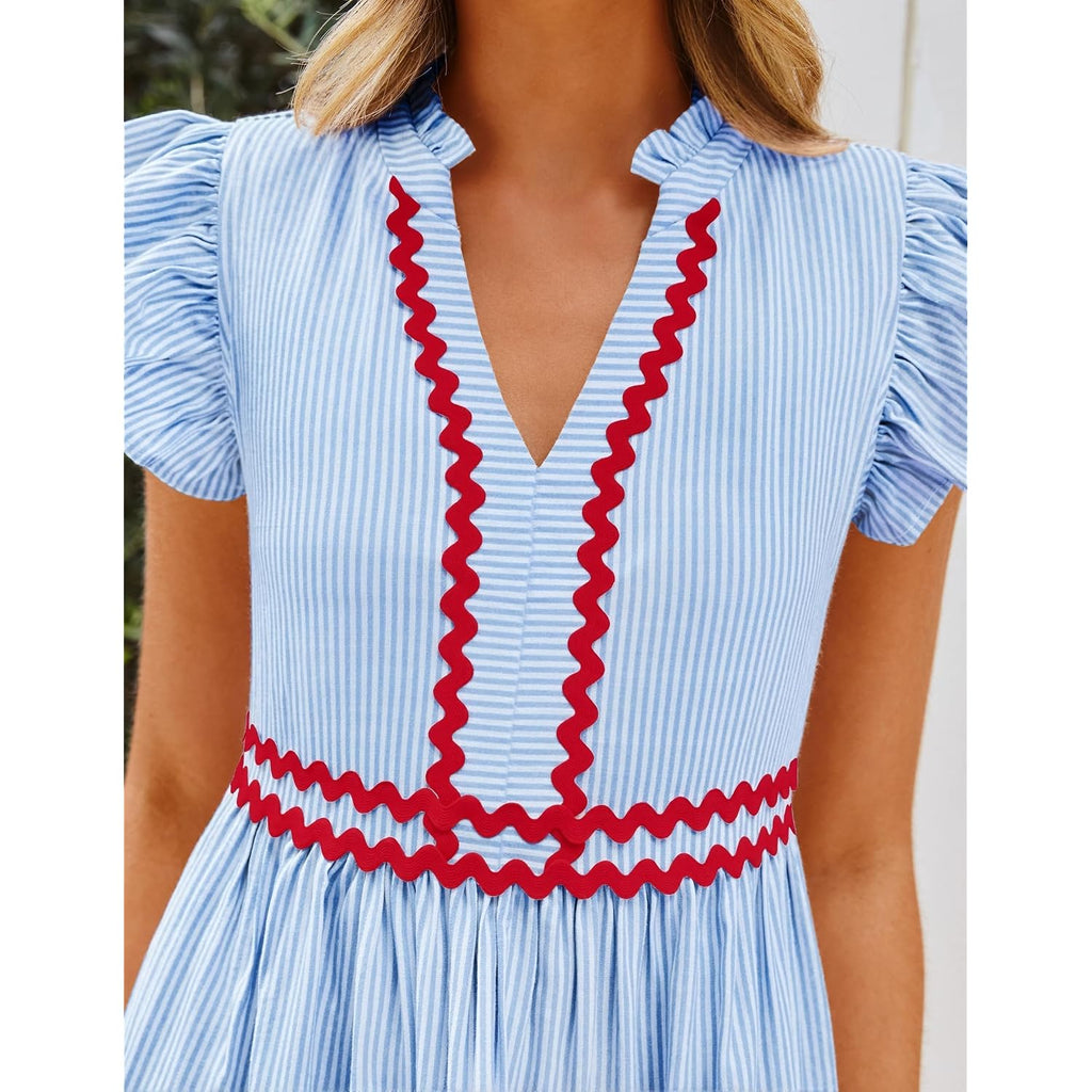 Zesica Women'S Summer Casual Mini Dress 2026 V Neck Flutter Short Sleeve Striped Ruffle A Line Beach Vacation Dresses