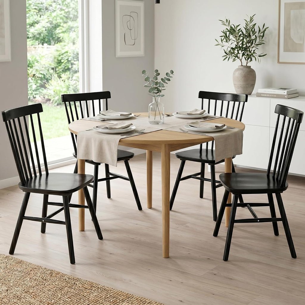 Windsor Dining Chairs, Farmhouse Wooden Dining Room Chairs, Solid Wood Kitchen Chairs With Spindle Back Set Of 4, Black