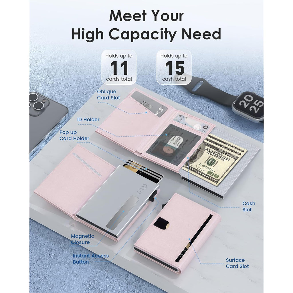 QLD RFID Wallet Women - Small Slim Trifold Wallet Anti-Theft Pop up Card Holder, Minimalist, Ultra Thin, Front Pocket, Premium Leather, 9-11 Cards Capacity | ID Window | Cash Slot