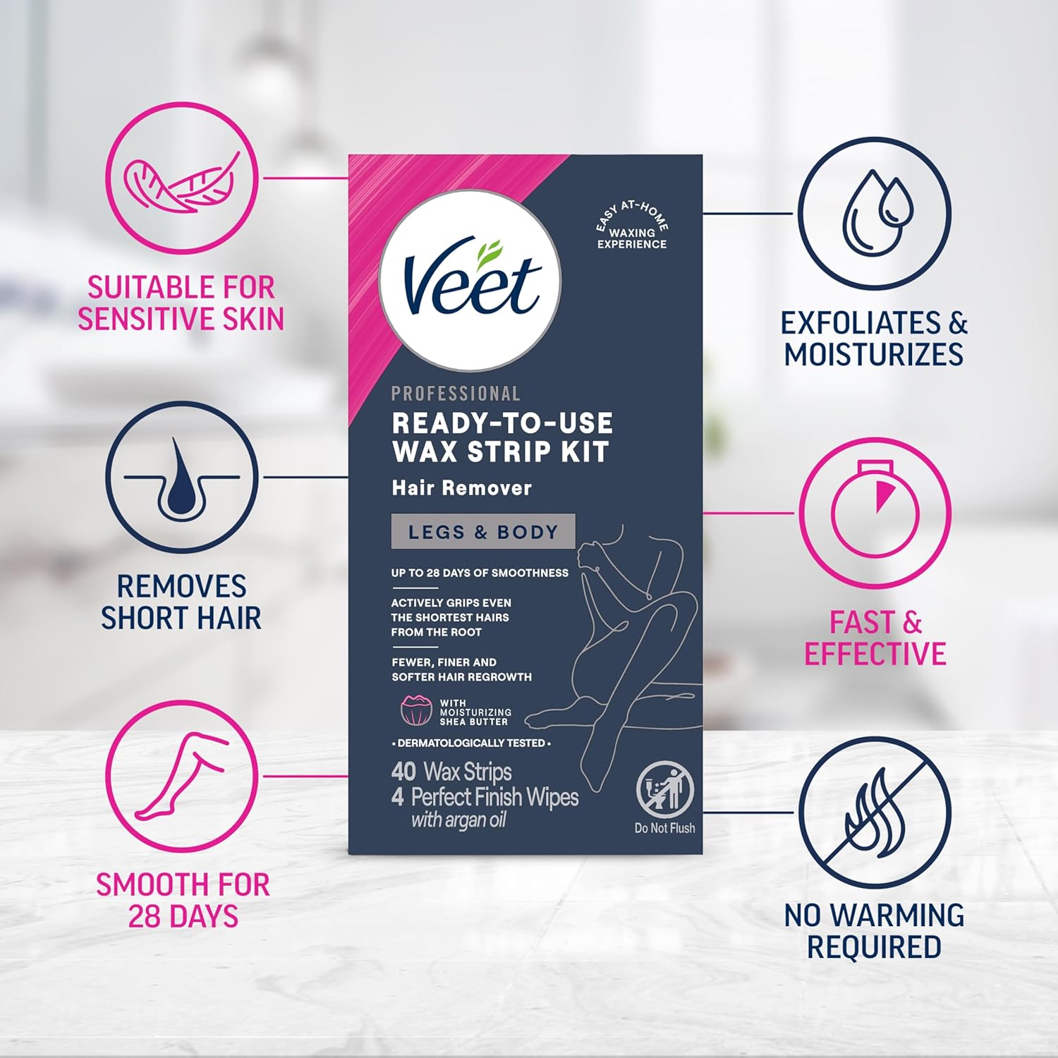 VEET Ready-To-Use Waxing Kit For Women, Wax Strips For Body Hair Removal, Wax Kit For Legs and Body, Personal Care Product, Hair Remover, 40ct Waxing Strips (20 Double-Sided), 4ct Body Wipes
