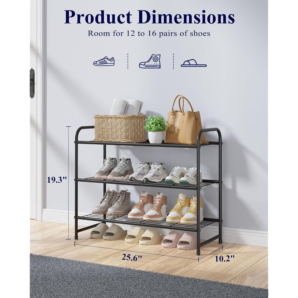 Kitsure Shoe Rack - Stainless Steel Shoe Organizer, Sturdy Shoe Rack For Closet And Front Door Entrance, Free Standing Shoe Shelf, Closet Organizers And Storage, 25.6" Wide - 3 Tier, Black