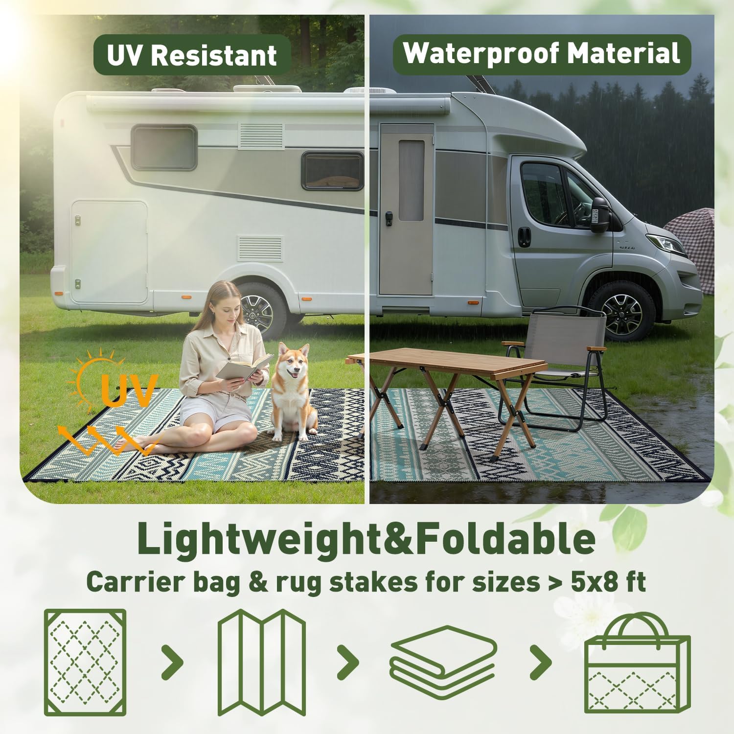 Montvoo Outdoor Rug Carpet Waterproof-Patio Rug Mat 5X8 Reversible Rv Outdoor Camping Rugs Picnic Beach Mats Plastic Straw Outside Rugs For Balcony Porch Pool Deck Boho Patio Decor