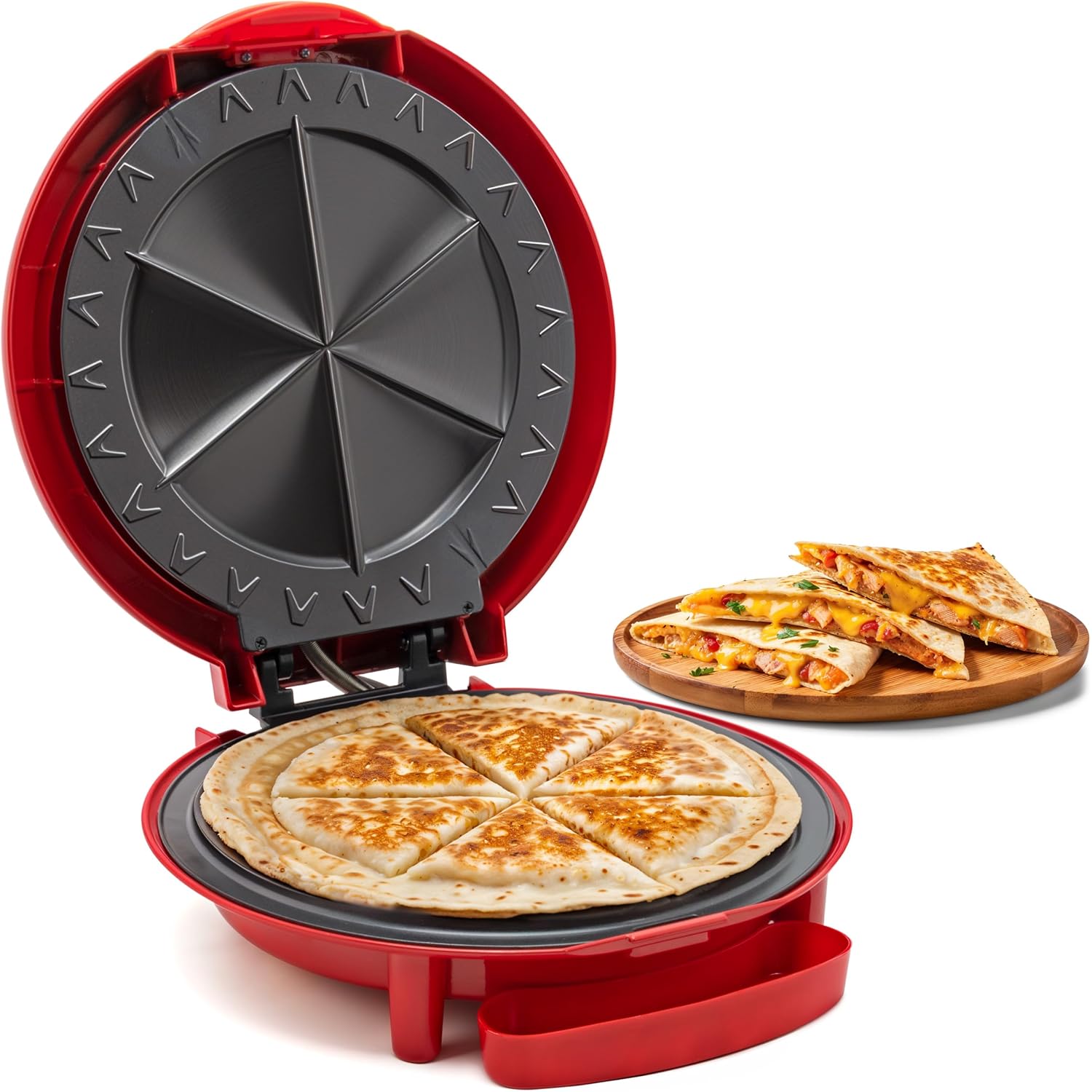 Elite Gourmet Eqd-118 Electric Non-Stick 11" Quesadilla Maker, Easy-Slice 6-Wedge, Grilled Cheese Corn Flour Tortilla Snacks, Red