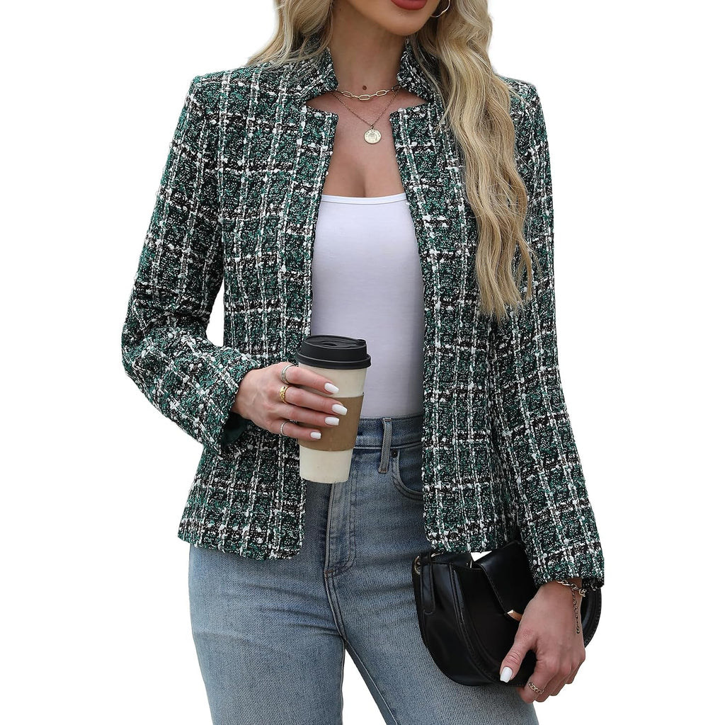 Elleven Womens' Tweed Open Front Blazer Long Sleeve Jacket Notch Collar Fully Lined Casual Business Work Office Coat