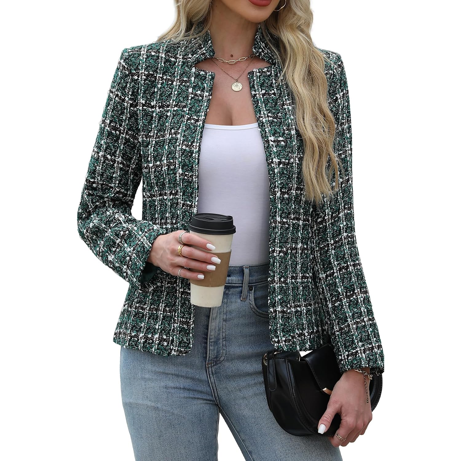 Elleven Womens' Tweed Open Front Blazer Long Sleeve Jacket Notch Collar Fully Lined Casual Business Work Office Coat