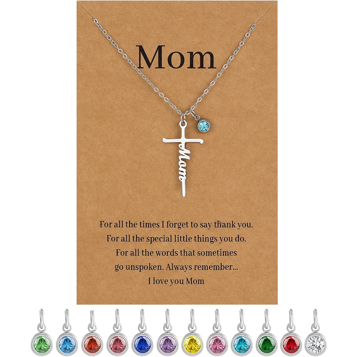 Mothers Day Gifts for Mom, Faith Cross Pendant Necklace with Birthstone Religious Christian Jewelry Personalized Mothers Day Birthday Gifts for Women Mom Grandma
