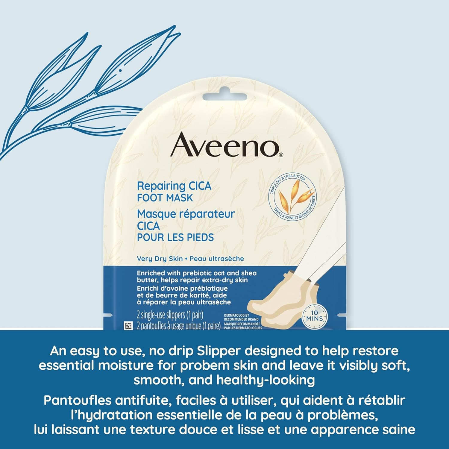 Aveeno Repairing CICA Foot Mask with Prebiotic Oat and Shea Butter, Moisturizing Foot Mask for Extra Dry Skin, 2 Single-Use Slippers 1 ea