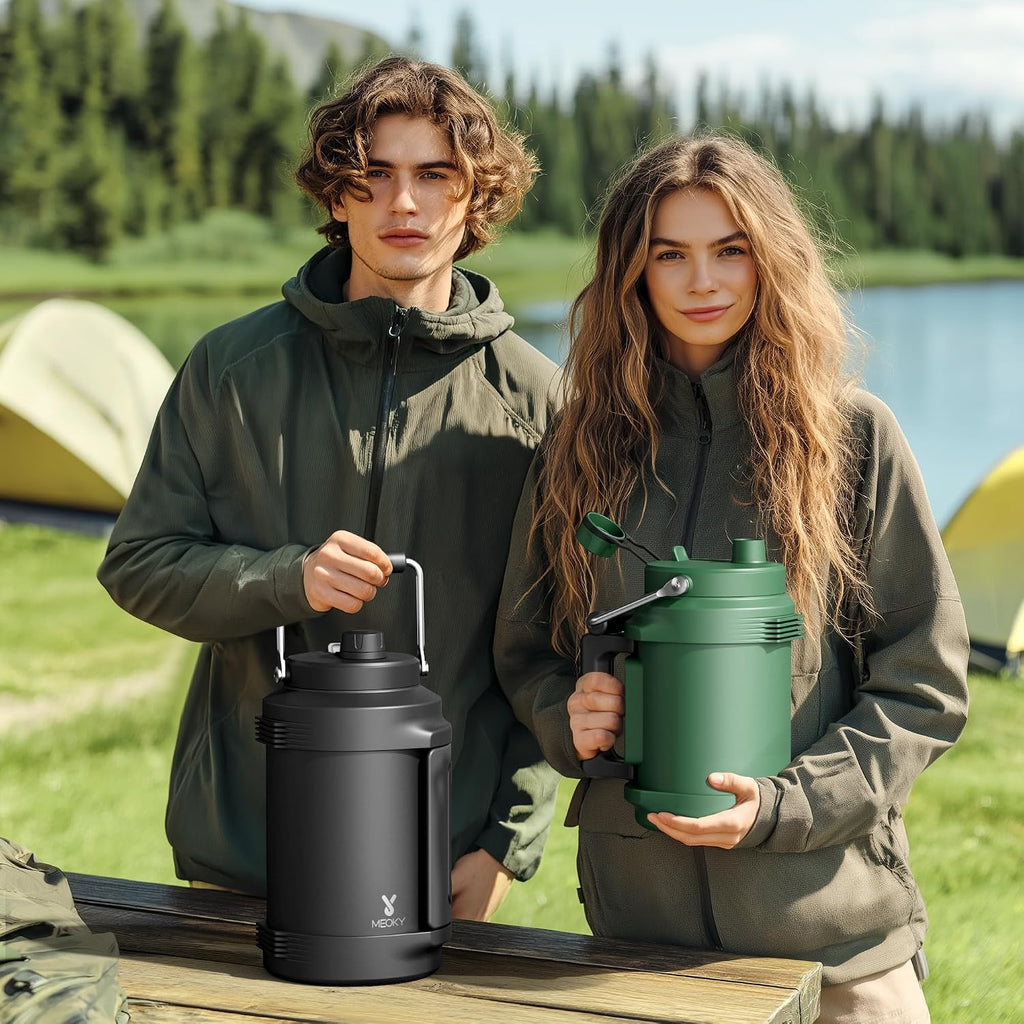 1 Gallon Insulated Water Bottle For Sports: Meoky 128 Oz Triple Wall Vacuum Stainless Steel Water Jug - Top And Side Handles, Cold For 48 Hrs, 2-In-1 Straw And Spout Lid, Leak Proof For Hiking (Night)