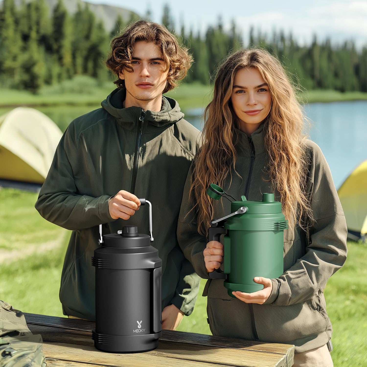 1 Gallon Insulated Water Bottle For Sports: Meoky 128 Oz Triple Wall Vacuum Stainless Steel Water Jug - Top And Side Handles, Cold For 48 Hrs, 2-In-1 Straw And Spout Lid, Leak Proof For Hiking (Night)