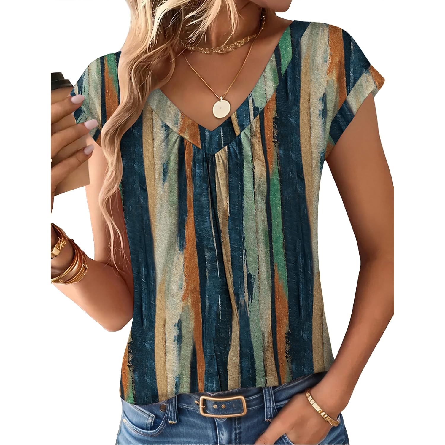 Zeagoo Womens Tops Short Sleeve V Neck Shirts Summer Dressy Casual Business Clothes Work Blouses Fashion Clothing Outfits Cx289 Striped Tie Dye