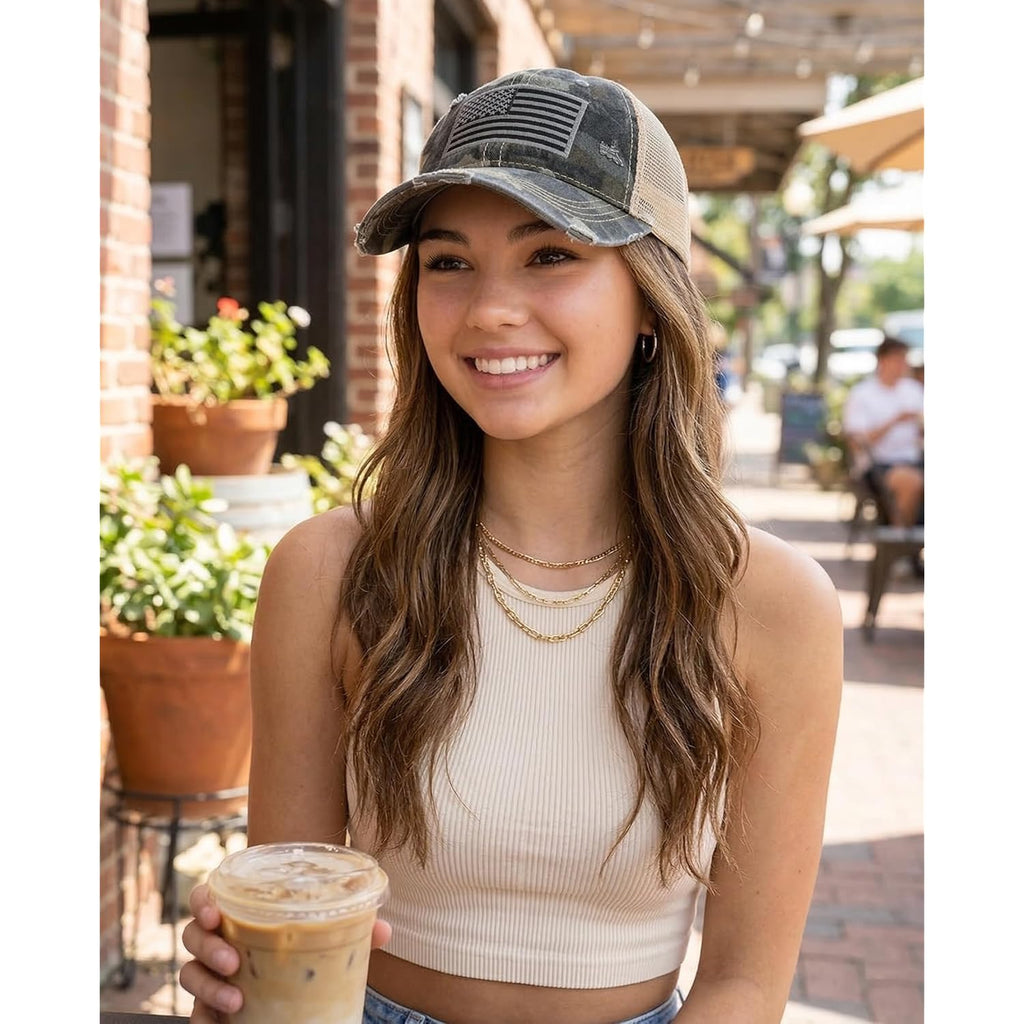 Funky Junque Trucker Hat for Women – Distressed Low Profile Western Camo Baseball Cap with Mesh, Trendy and Adjustable Fit