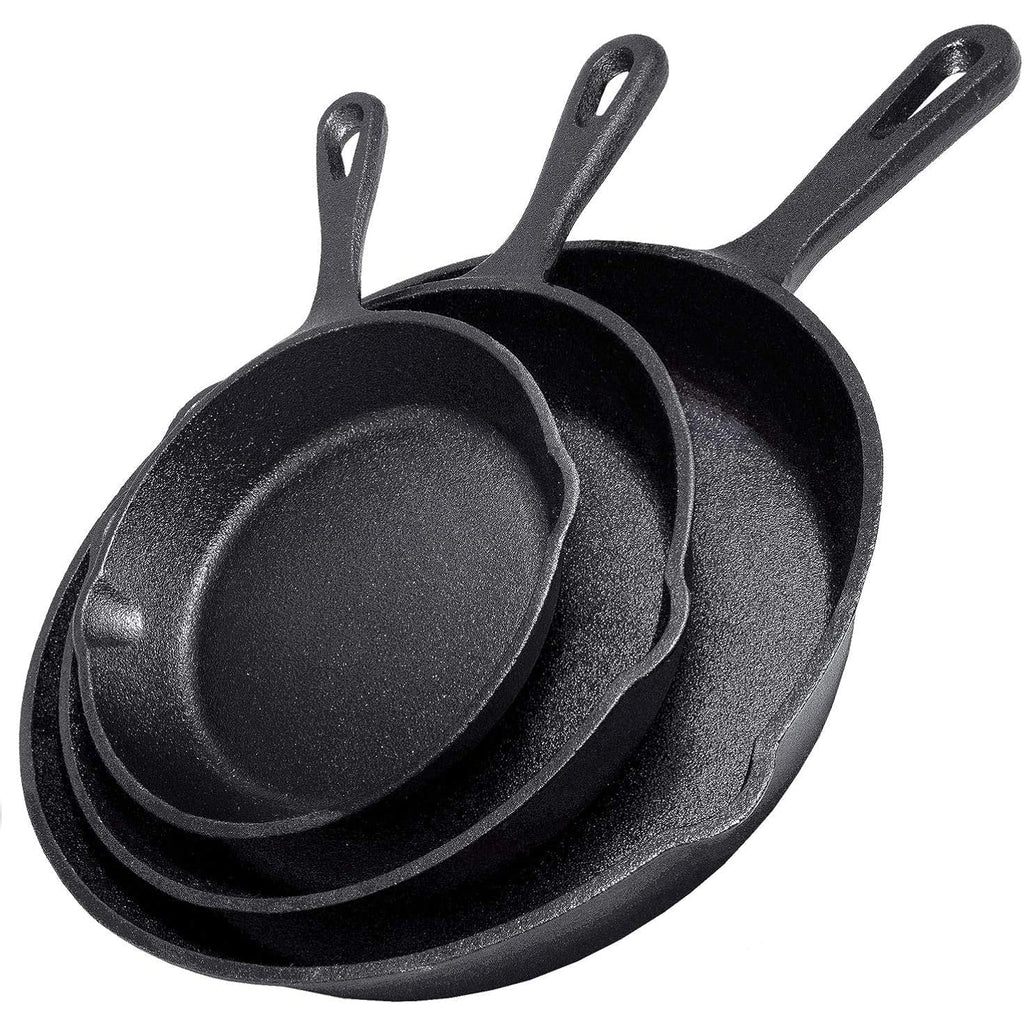 Cast Iron Skillet 3-Piece Set W/Cookbook - Heavy-Duty Professional Restaurant Chef Quality Pre-Seasoned Pan Cookware - 10", 8", 6.25" Pans - For Frying, Saute, Cooking, Pizza - Black