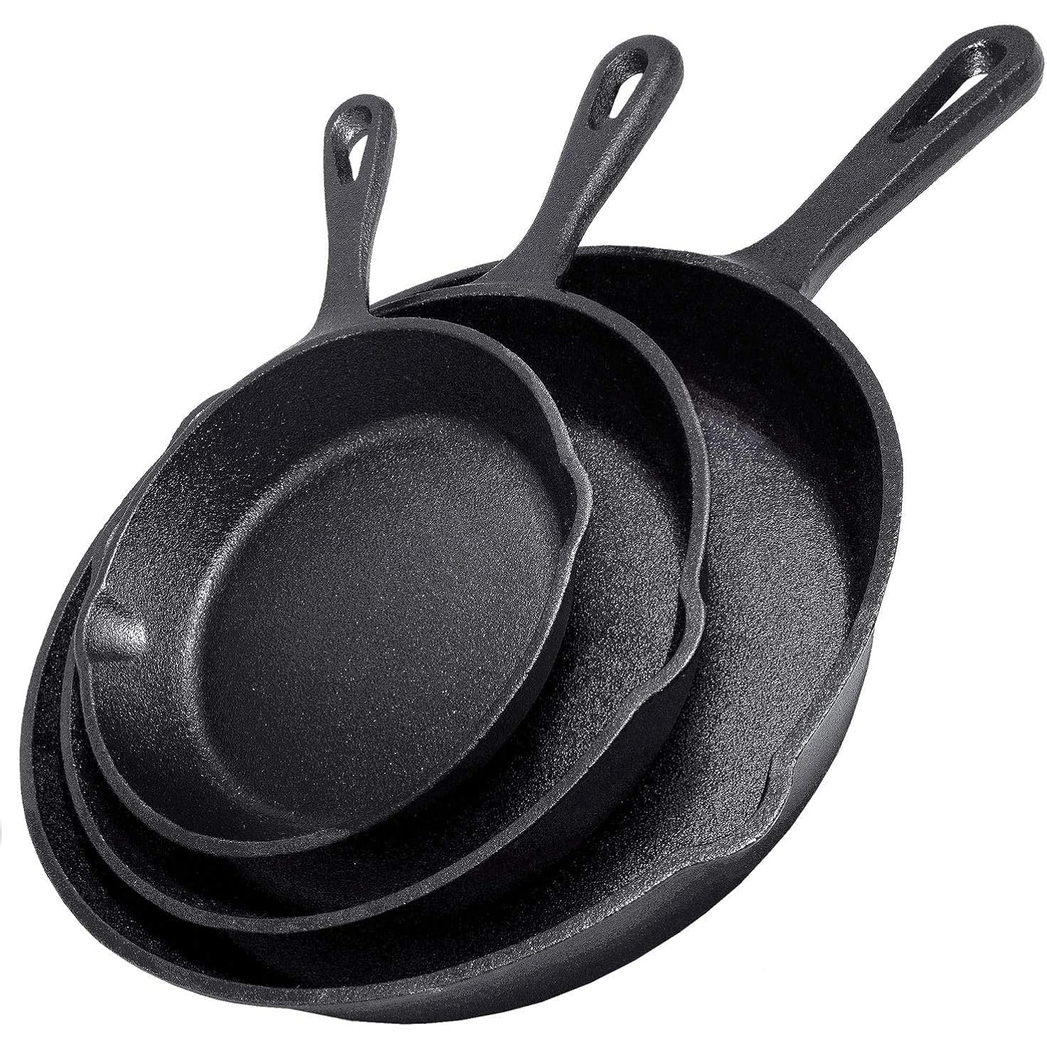 Cast Iron Skillet 3-Piece Set W/Cookbook - Heavy-Duty Professional Restaurant Chef Quality Pre-Seasoned Pan Cookware - 10", 8", 6.25" Pans - For Frying, Saute, Cooking, Pizza - Black