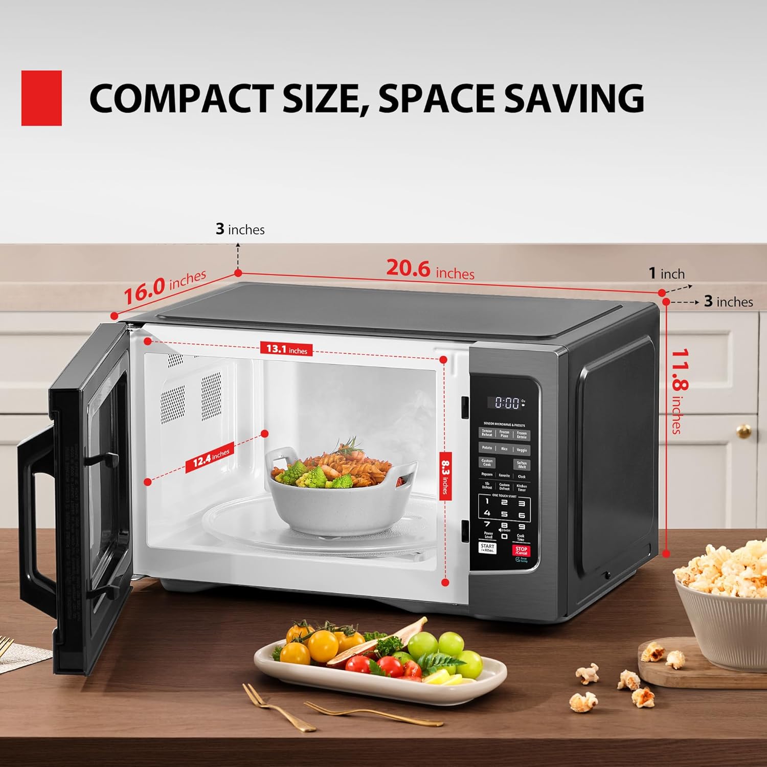 TOSHIBA EM131A5C-BS Countertop Microwave Ovens 1.2 Cu Ft, 12.4" Removable Turntable Smart Humidity Sensor 12 Auto Menus Mute Function ECO Mode Easy Clean Interior Black Color 1000W