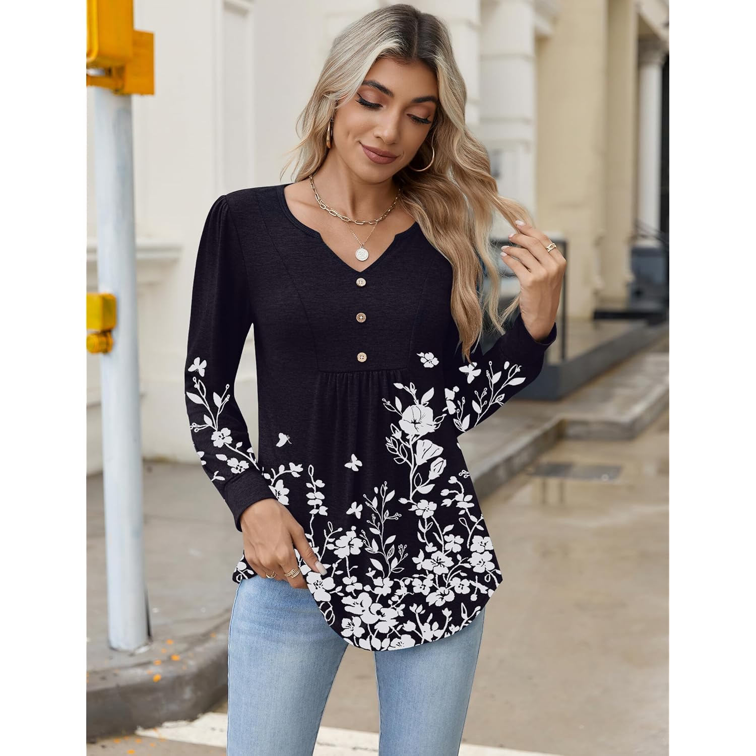 Long Sleeve Shirts for Women 2025 Casual Pleated V Neck Fall Tunic Tops Button Down Blouse Dressy Loose T-Shirts