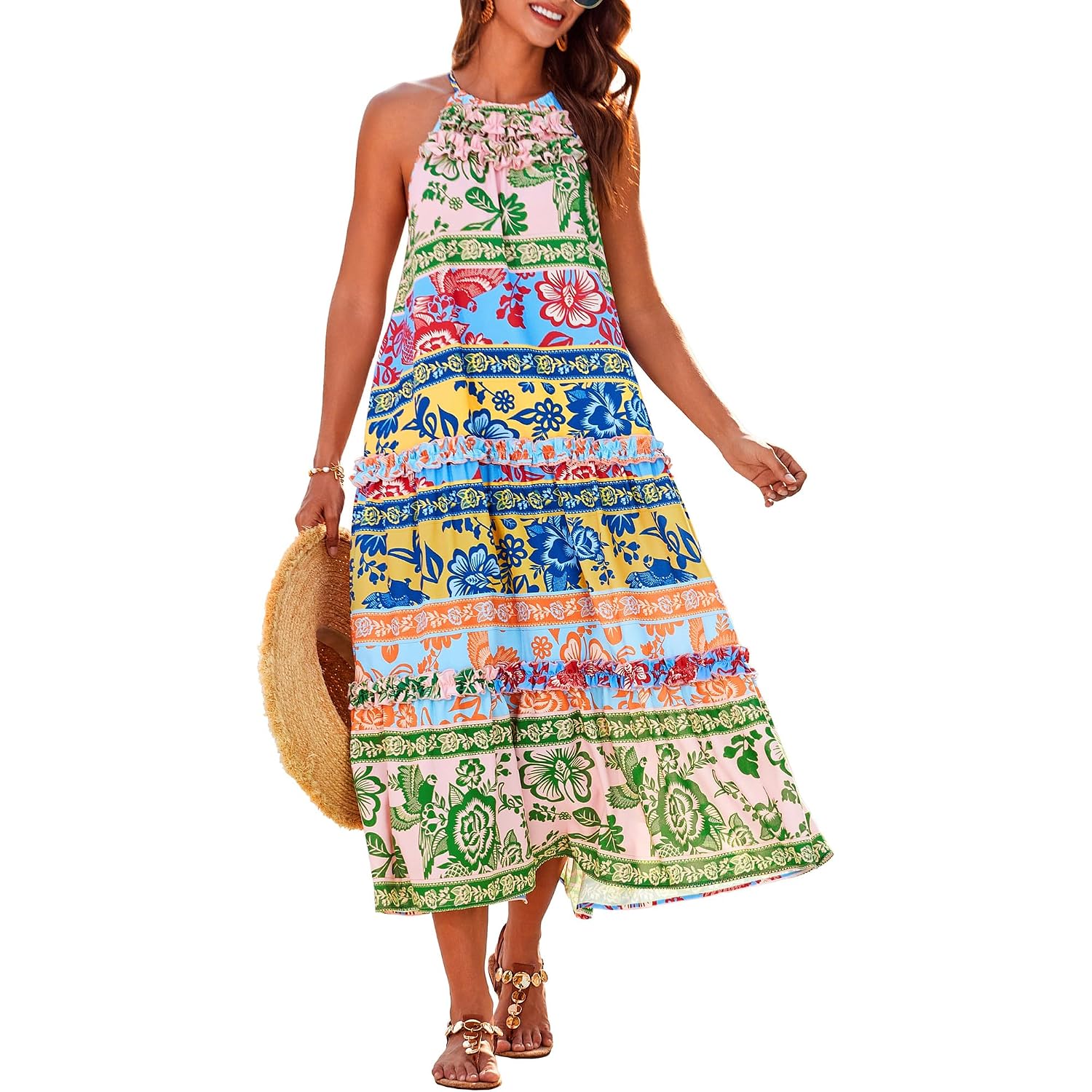 Grace Karin 2026 Women'S Floral Halter Maxi Dress Boho Summer Beach Sundress With Tiered Ruffle Skirt