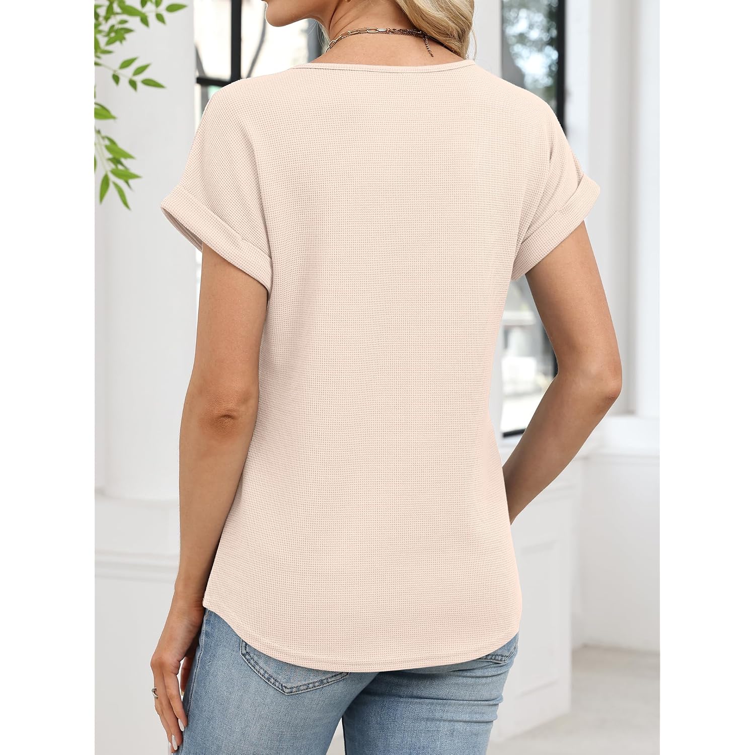 ANRABESS Womens Waffle Knit Tops 2026 Summer Casual Short Sleeve V Neck T Shirts Basic Work Tee Spring Vacation Blouses