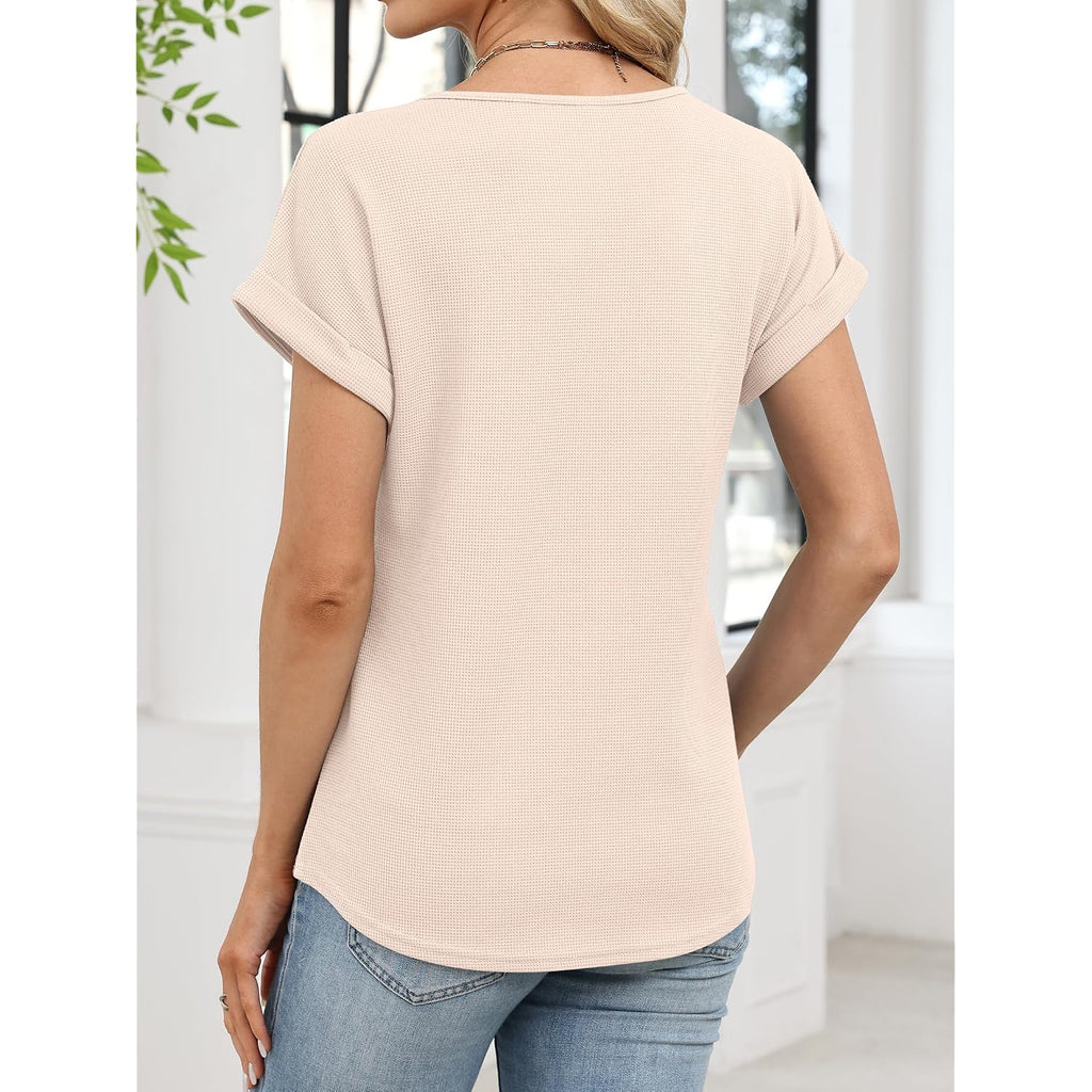 ANRABESS Womens Waffle Knit Tops 2026 Summer Casual Short Sleeve V Neck T Shirts Basic Work Tee Spring Vacation Blouses