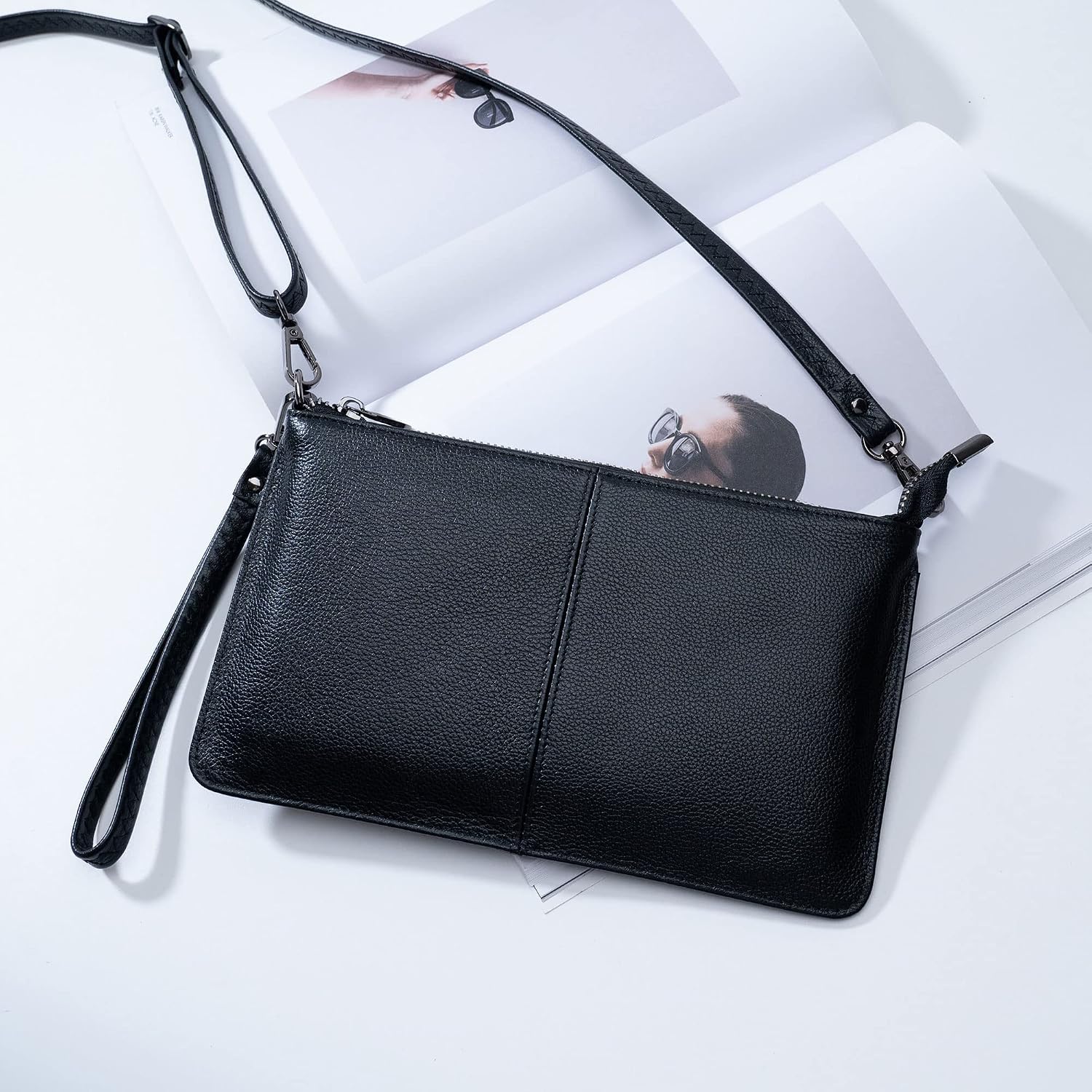 Bveyzi Genuine Leather Wristlet Purses For Women, Envelope Clutch Wallet Small Crossbody Bags For Dressy Evening