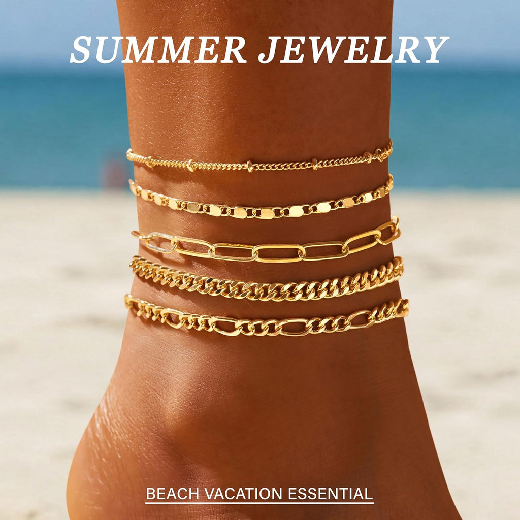 Gokeey Ankle Bracelets for Women, 14k Gold Plated Jewelry Set Waterproof Layered Cuban Figaro Link Chain Anklets Set Gold Anklets Summer Boho Beach Jewelry Gift Adjustable Size