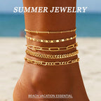 Gokeey Ankle Bracelets for Women, 14k Gold Plated Jewelry Set Waterproof Layered Cuban Figaro Link Chain Anklets Set Gold Anklets Summer Boho Beach Jewelry Gift Adjustable Size