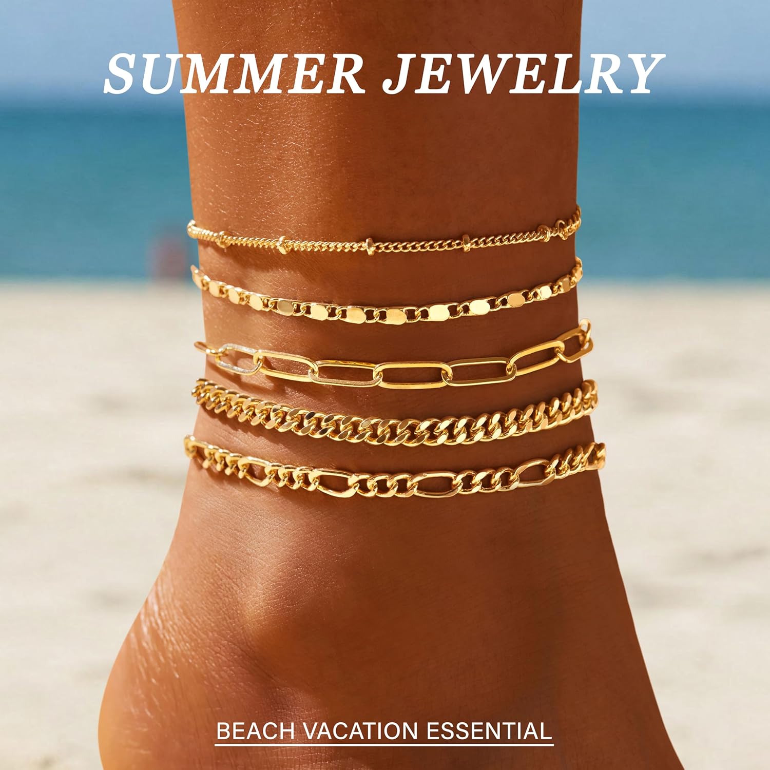 Gokeey Ankle Bracelets for Women, 14k Gold Plated Jewelry Set Waterproof Layered Cuban Figaro Link Chain Anklets Set Gold Anklets Summer Boho Beach Jewelry Gift Adjustable Size