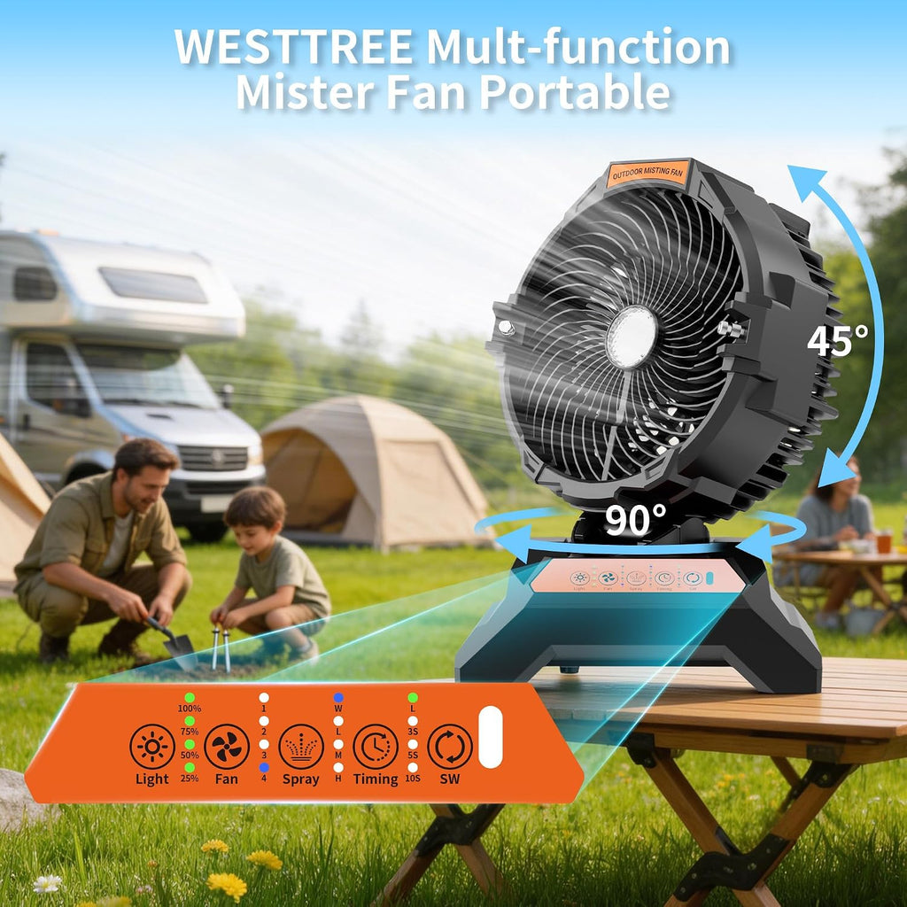 Westtree Misting Fan Portable Rechargeable With 4 Gal Large Bucket, Mist Fan With Retractable Handle & Oscillating Mister Outdoor Camping Cooling Fan For Patio/Beach/Fishing/Golf/Travel Essentials