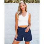 Shorts for Women Trendy Casual Summer High Waisted Chino Shorts Ribbed Elastic Waist Comfy Shorts with Pockets