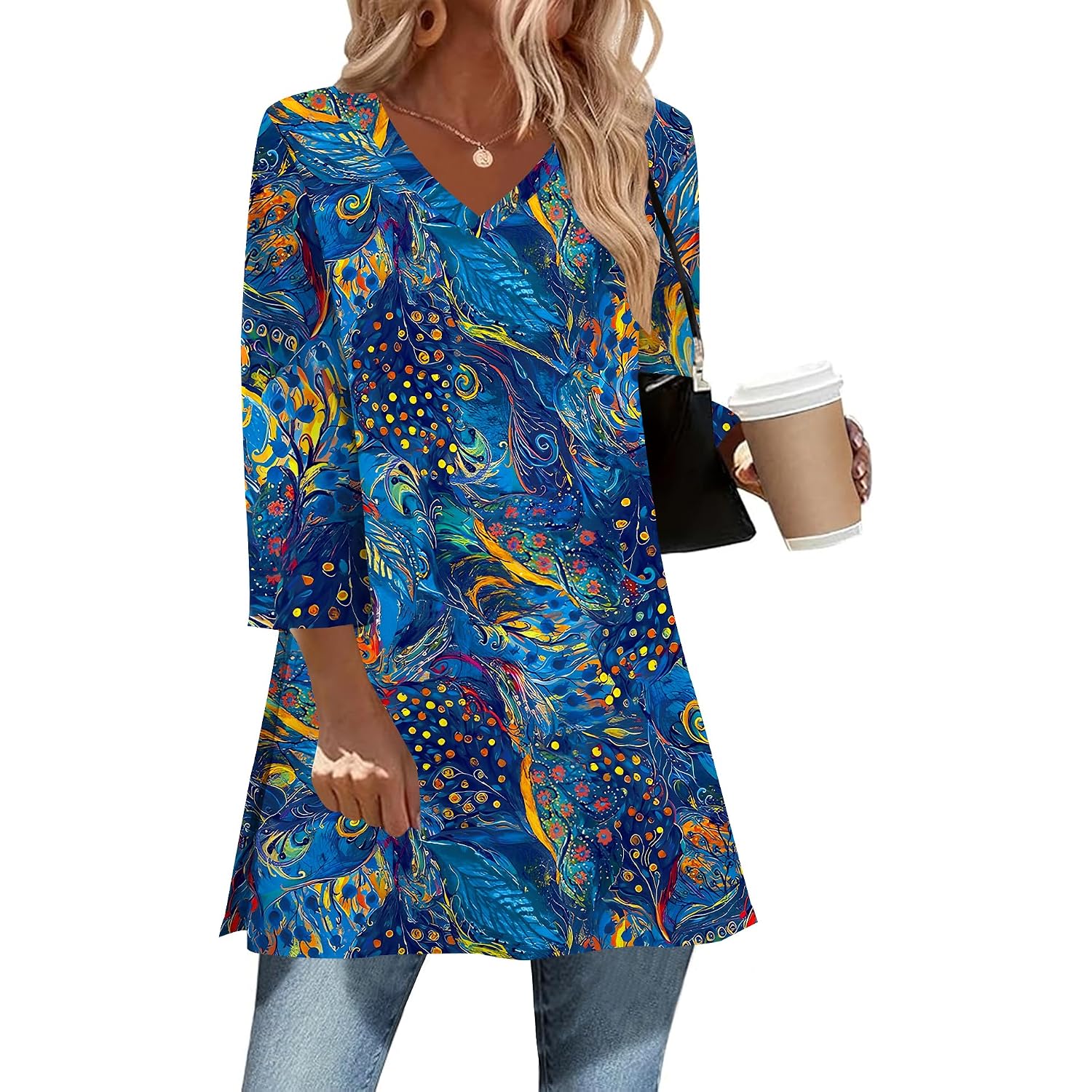3/4 Length Sleeve Cotton Linen Womens Tops V Neck Loose Fit Dressy Casual Blouse Flowy Shirts Womens Clothing