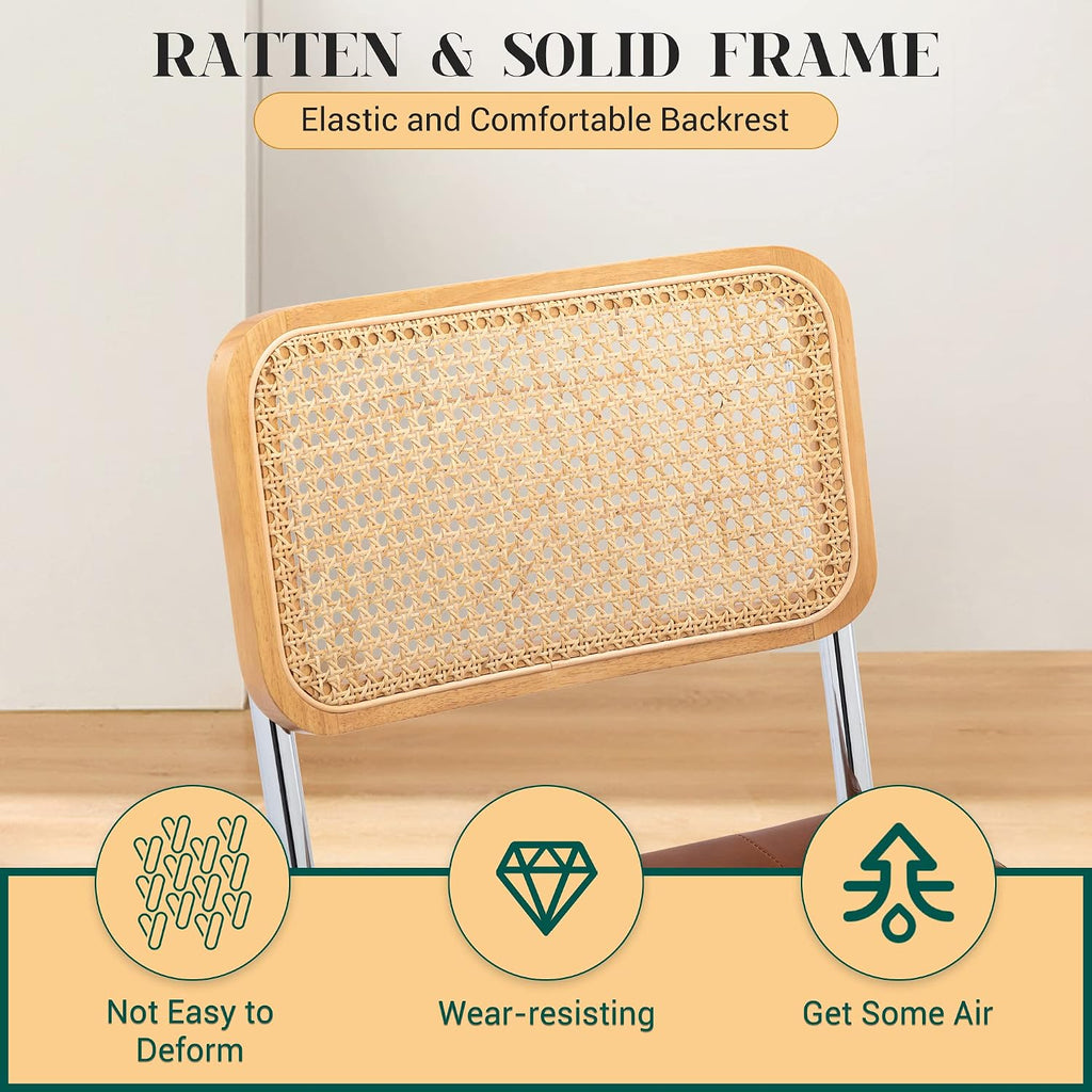 Mid Century Modern Dining Chairs Set Of 2, Faux Leather Rattan Dining Room Kitchen Side Chairs With Metal Legs And Upholstered Seat For Dining Room, Living Room, Bedroom,Brown