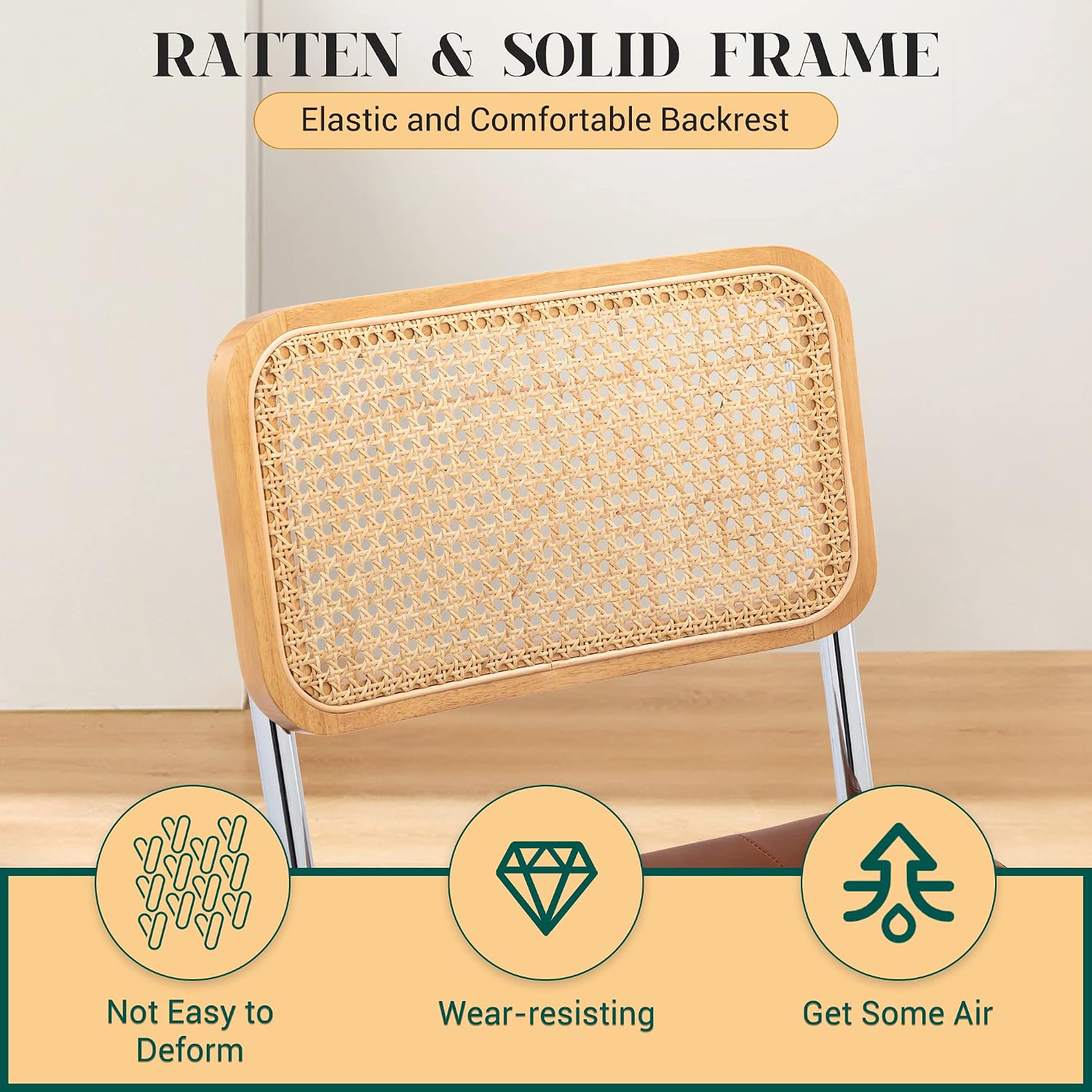 Mid Century Modern Dining Chairs Set Of 2, Faux Leather Rattan Dining Room Kitchen Side Chairs With Metal Legs And Upholstered Seat For Dining Room, Living Room, Bedroom,Brown