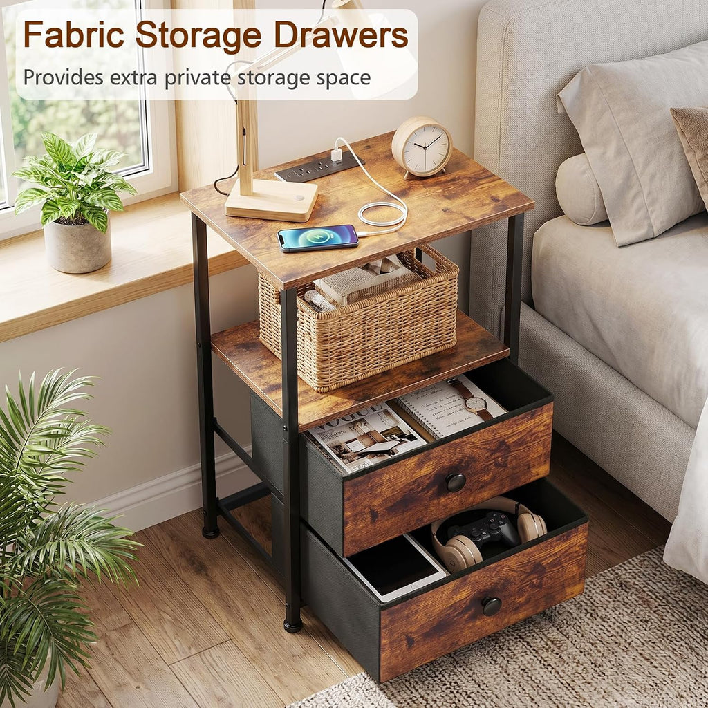 Night Stand, Nightstands Set Of 2 With Charging Station | Bedside Table With 2 Fabric Drawers For Bedroom, End Tables With Storage Shelf For Small Spaces, Rustic Brown